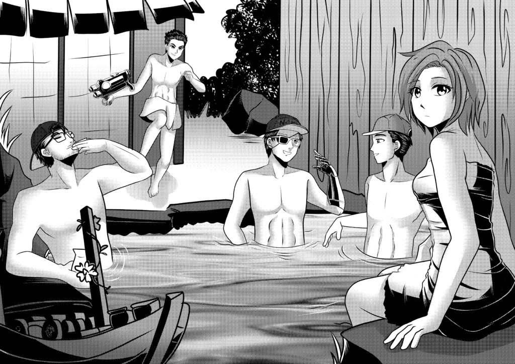 The staff of SSB drawn in a hot tub with a sushi boat floating in the water